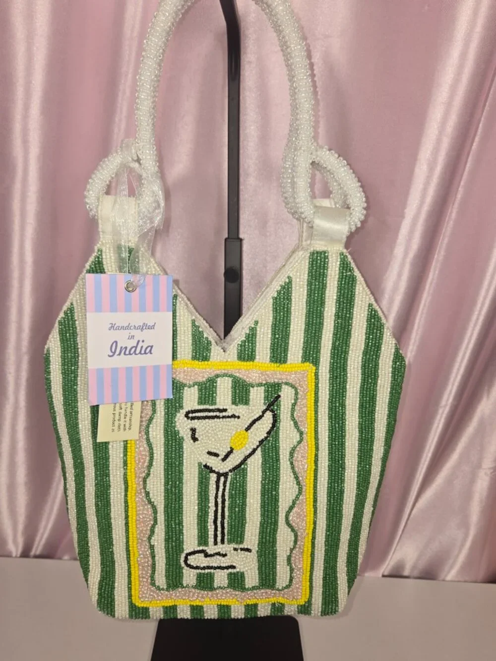 Martini Beaded Top Handle Bag | Green & White Striped | Handcrafted in India | N